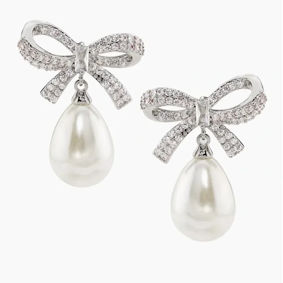 Anthro Shashi Pave Pearl Bow Earrings - Picture 1 of 6